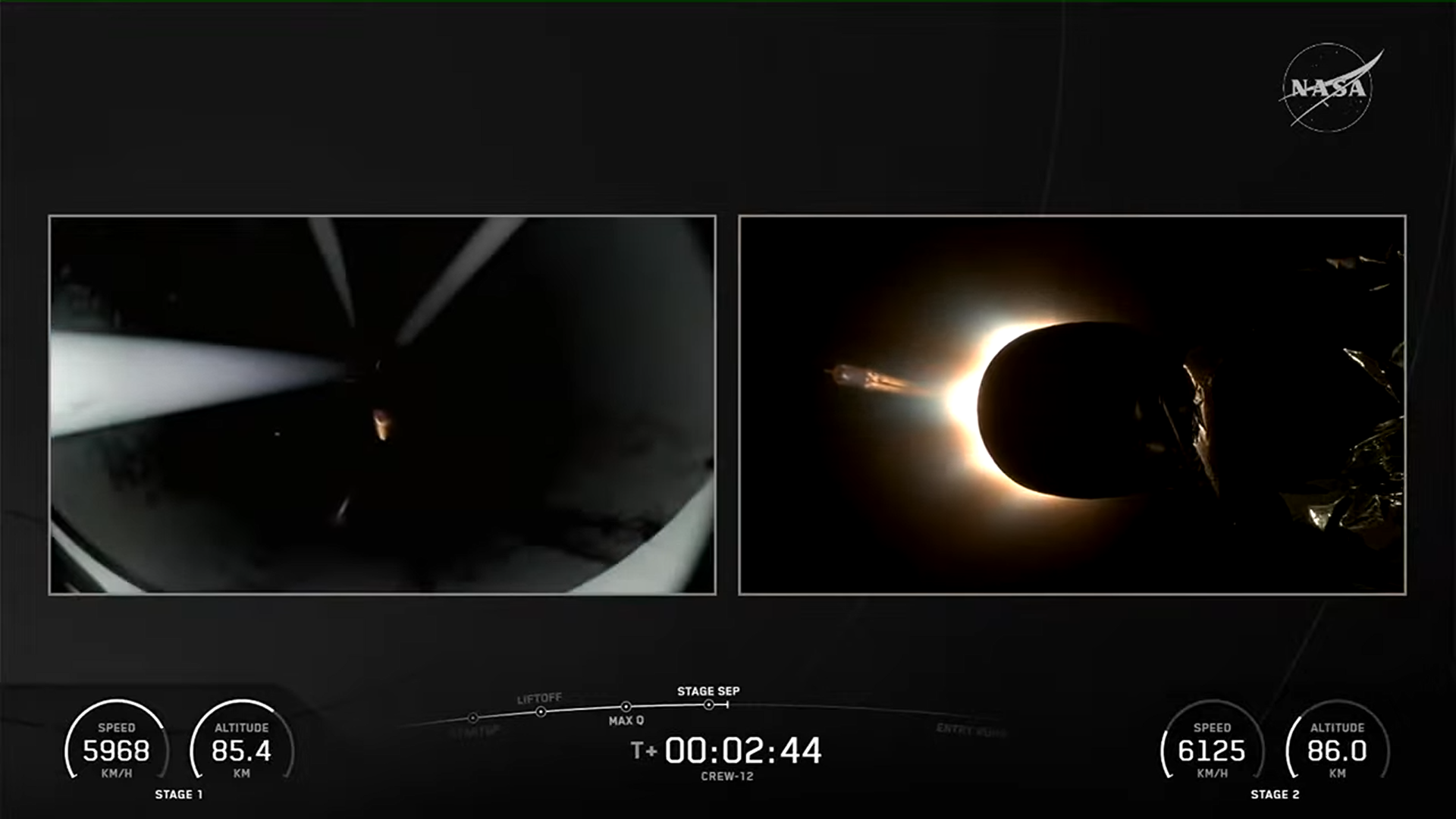 A side by side view from the first and second stage of SpaceX's rocket for Crew-12 launch.
