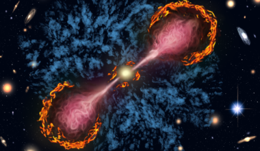 Artist’s illustration of a supermassive black hole at the center of a radio galaxy launching powerful jets all the way out the galaxy’s circumgalactic medium. Credit: Hailey Nelson/ Arizona State University