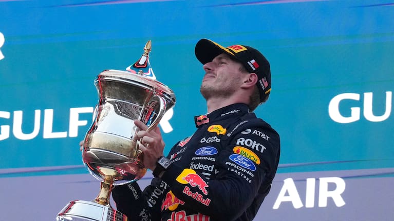 Red Bull driver Max Verstappen of the Netherlands celebrates on the podium after winning the Bahrain Grand Prix in Sepang, Malaysia