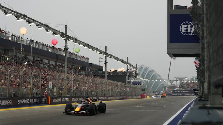 Red Bull driver Max Verstappen of the Netherlands crosses the finish line during the sprint race ahead of the Singapore Formula One Grand Prix in Singapore.