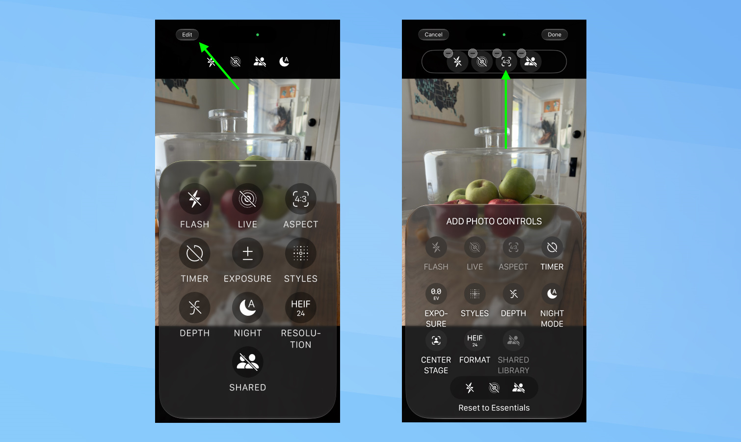 iOS 27 - Pin camera controls to the top of the Camera screen.