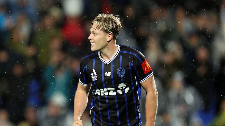 Sam Cosgrove of Auckland FC reacts to the goal during Auckland FC v Adelaide United, Leg one of the 2026 A-League Semi-Finals at Go Media Stadium, Auckland, New Zealand on Saturday 9 May 2026.