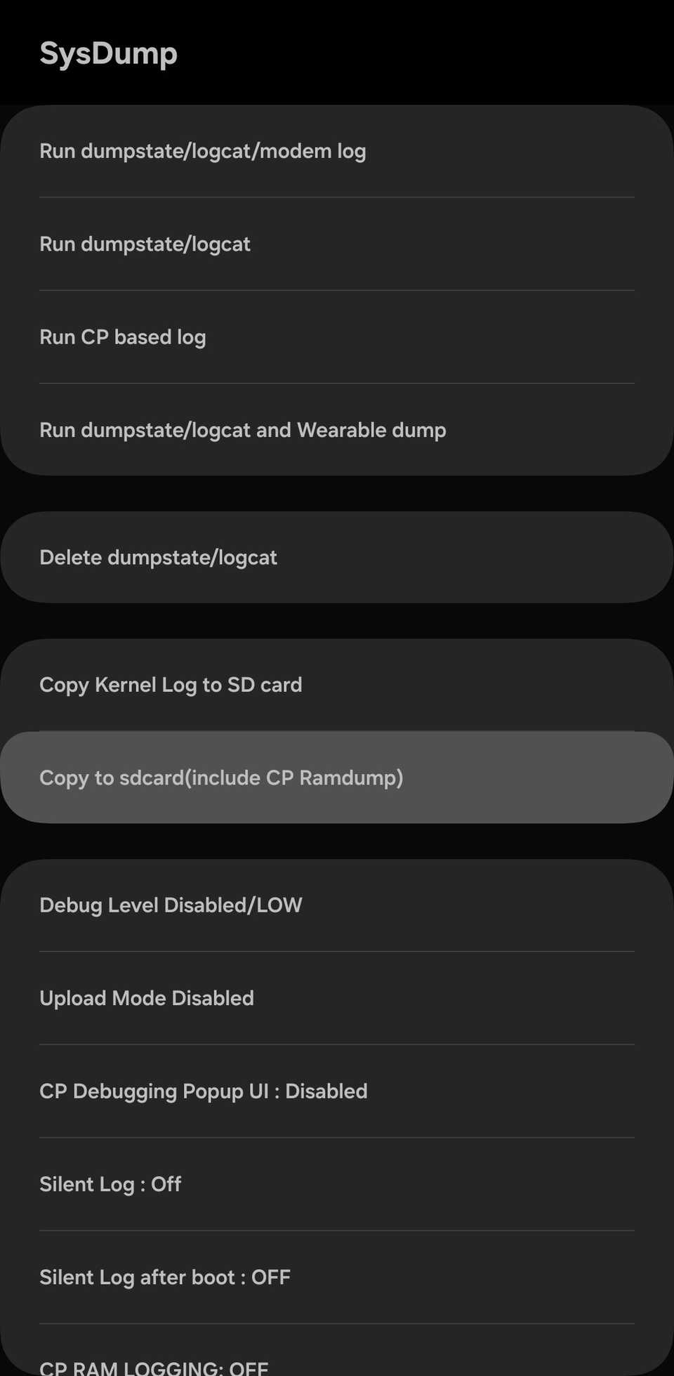 Samsung SysDump menu with 'Copy to sdcard(include CP Ramdump)' highlighted.