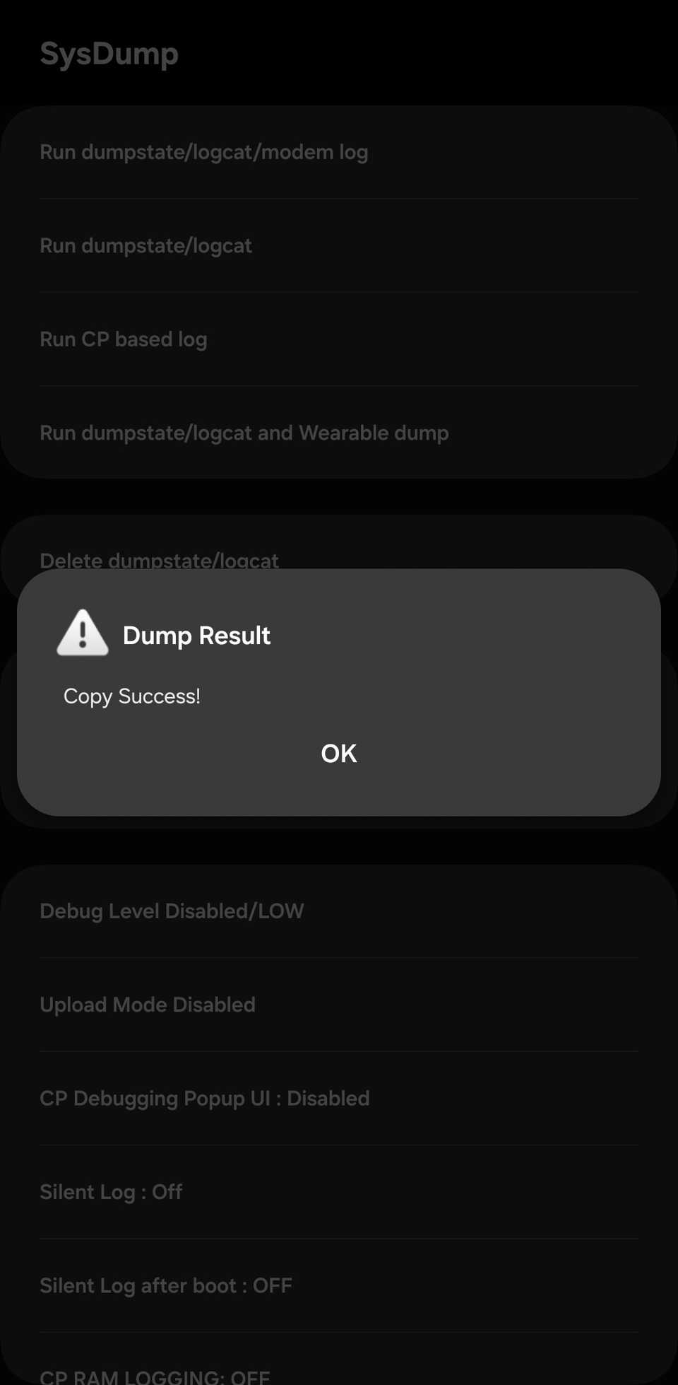 Samsung SysDump menu showing the 'Dump Result' pop up box.