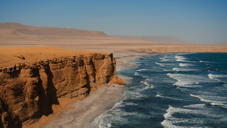 Scenic view of Paracas Nature Reserve in Peru at sunset.