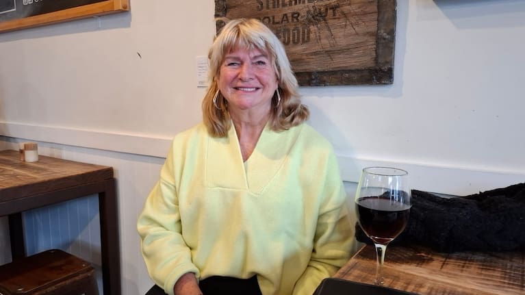 Sharman Buckle enjoys a glass of wine at her local pub. She's known by the locals as 'the egg lady'.