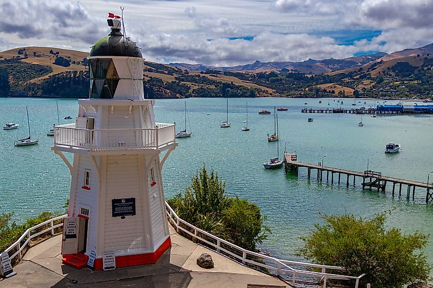 The Akaroa Lighthouse in Akaroa, New Zealand.