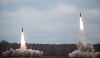 Launch of military missiles (rocket artillery) at the firing field during military exercise
