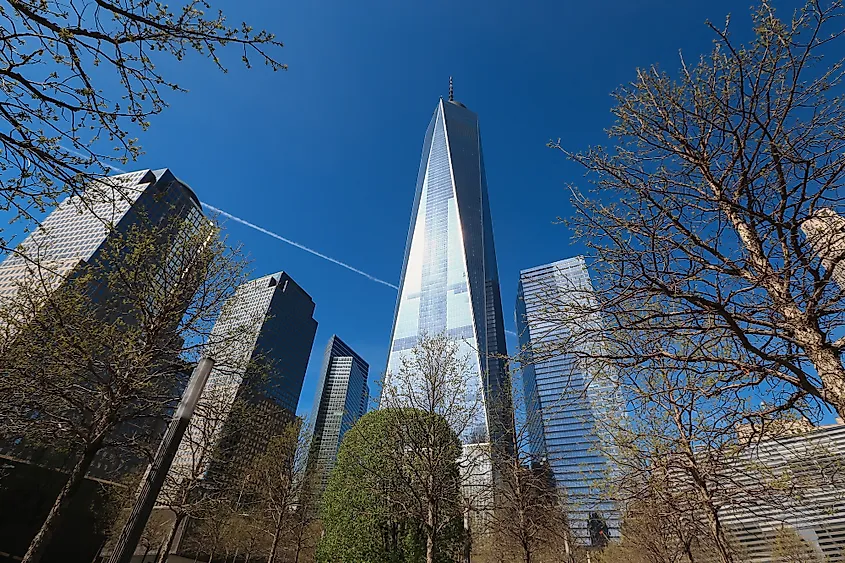 One World Trade Center rising above Lower Manhattan, New York.