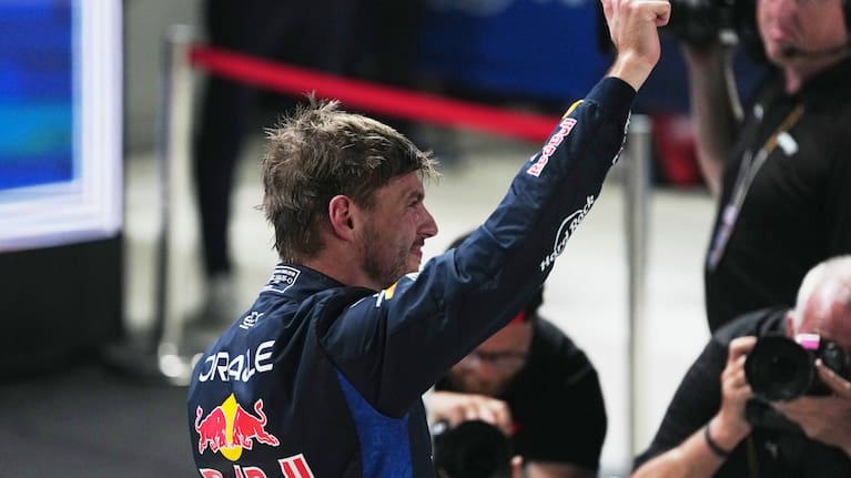 Red Bull driver Max Verstappen of the Netherlands celebrates after finishing first during the qualifying session