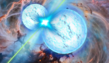 Two blue glowing blue spheres colliding with two columns emerging from the connection point