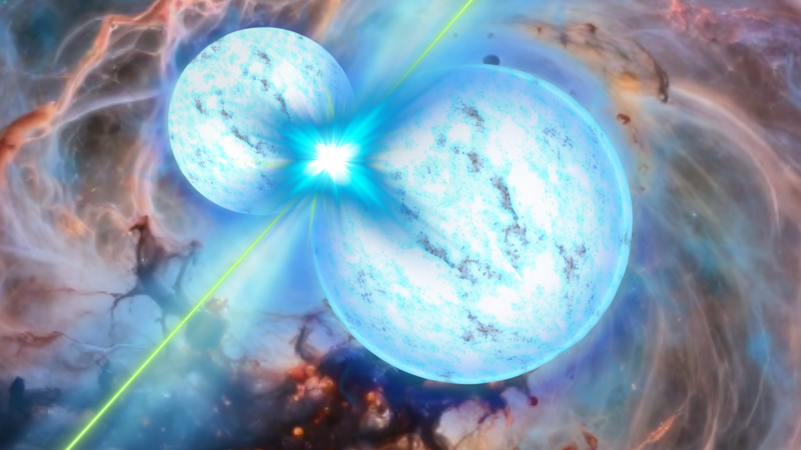 Two blue glowing blue spheres colliding with two columns emerging from the connection point