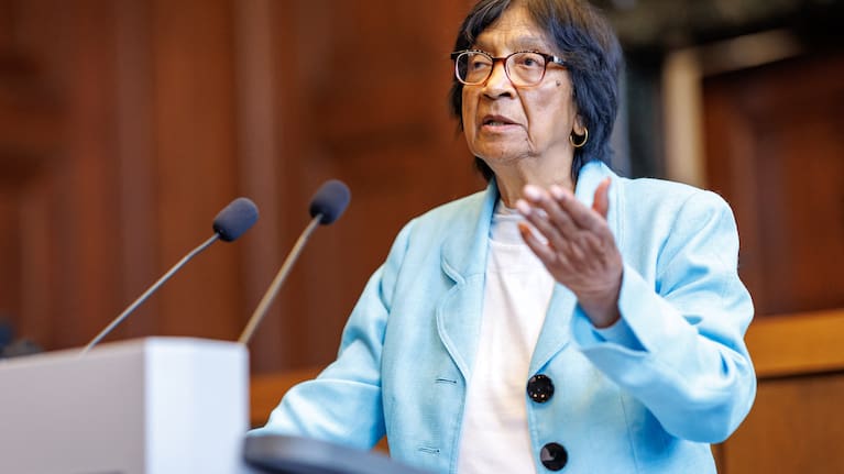 South African-born jurist and former UN human rights chief Navanethem "Navi" Pillay, speaks at the Nuremberg Forum in Nuremberg, Germany, Friday, October 9, 2026, following the announcement that she had been awarded the 2026 Nobel Peace Prize.