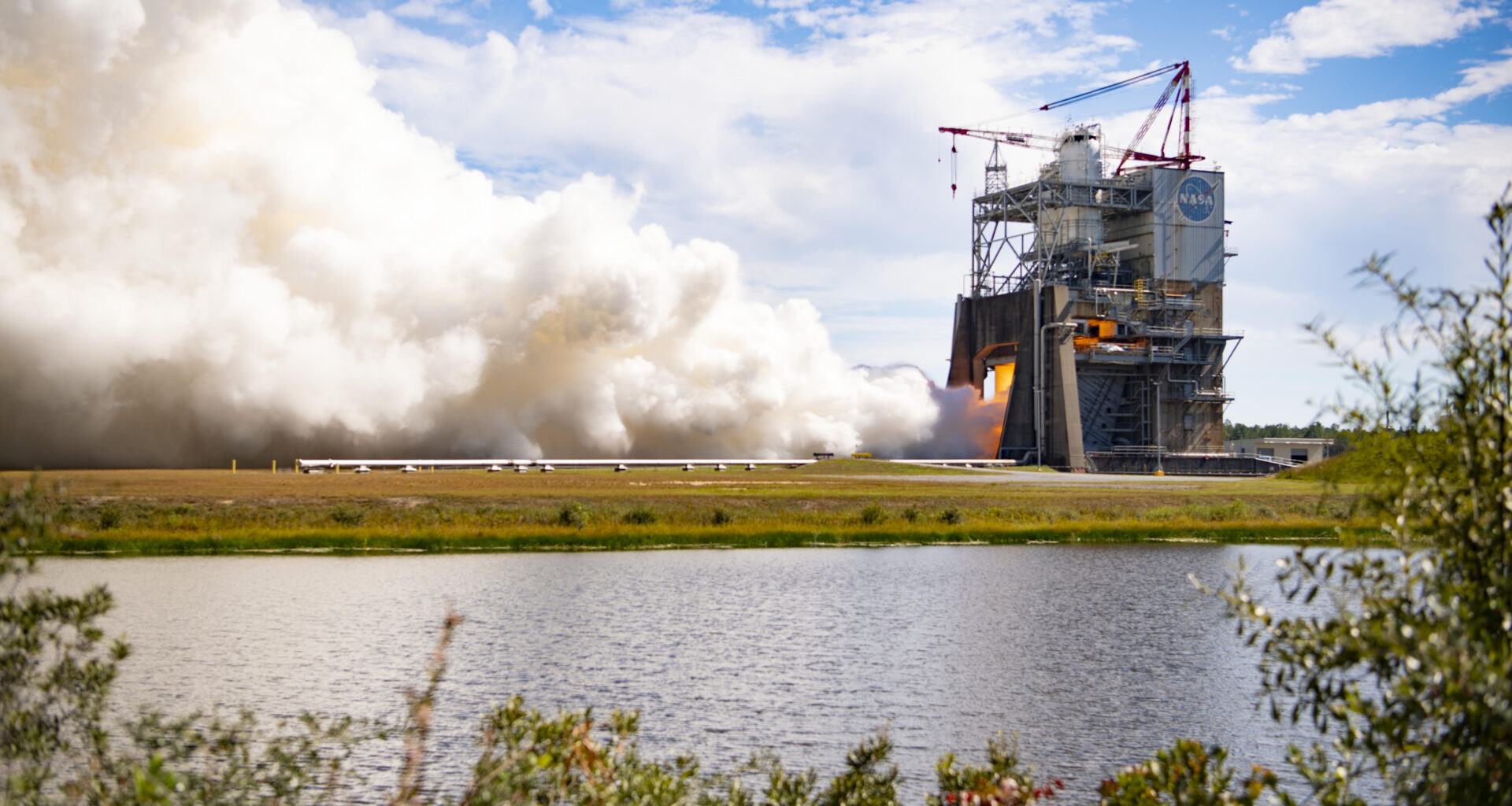 RS-25 engine No. 10001 undergoes a hot fire test on the Fred Haise Test Stand at NASA’s Stennis Space Center in Mississippi on October 21, 2026.