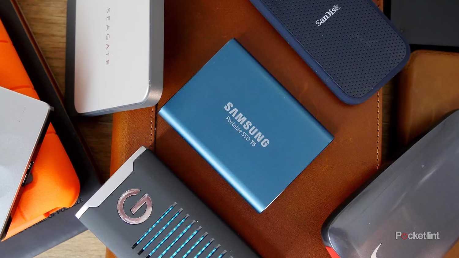 A collection of external SSDs.
