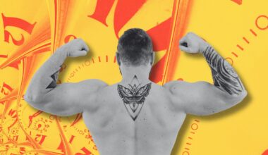 person flexing in front of a time background