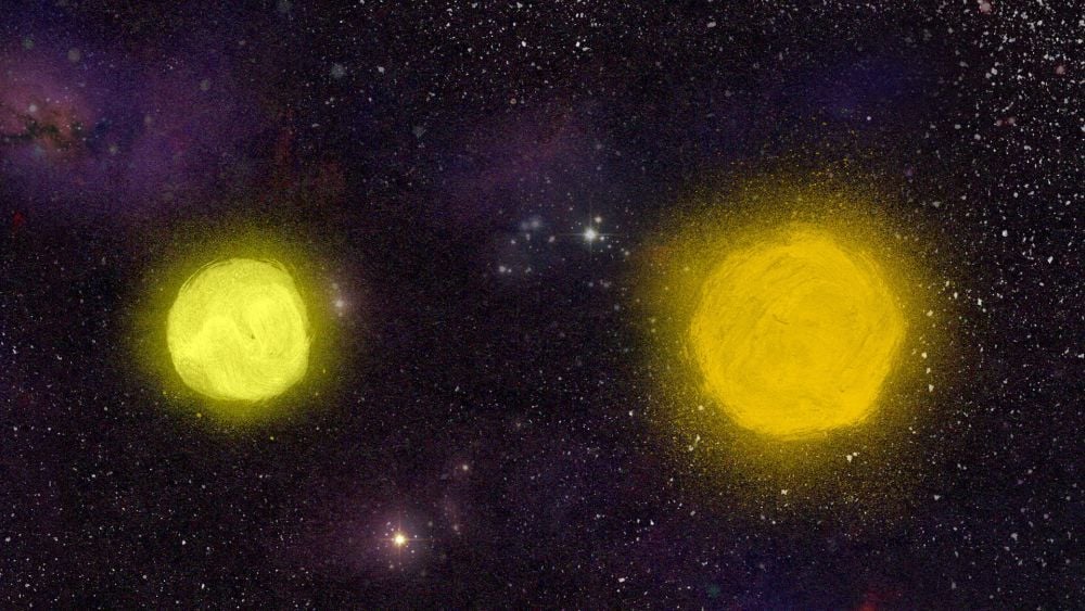 This artist's illustration shows the pair of stars that make up the binary star 70 Ophiuchi AB (70 Oph AB.) The pair is close to Earth, only about 16.7 light years away. Astronomers conducted a search for massive planets in the system in an attempt to find nearby large terrestrial planets. None were found, but in this case, that isn't necessarily a failure. Image Credit: Hans Anderson/Michigan News
