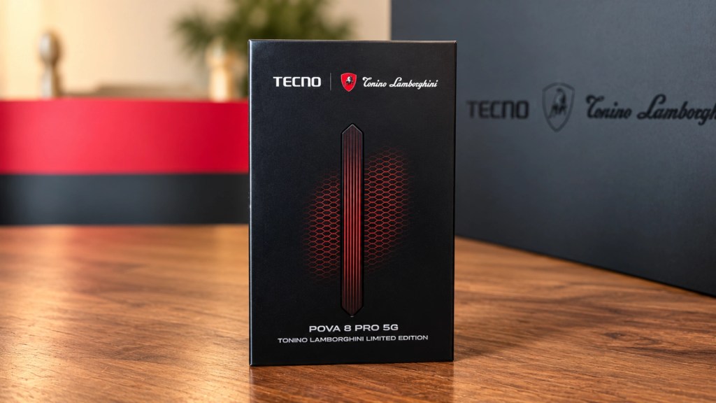 Tecno Pova 8 Pro 5G Tonino Lamborghini Limited Edition smartphone packaging on a wooden surface.