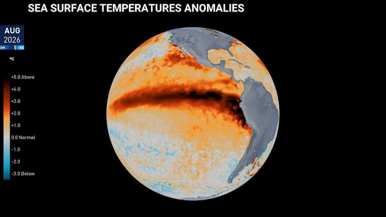 The deepest reds along the equator show where the ocean is running most unusually warm, a signal of a strengthening El Niño.