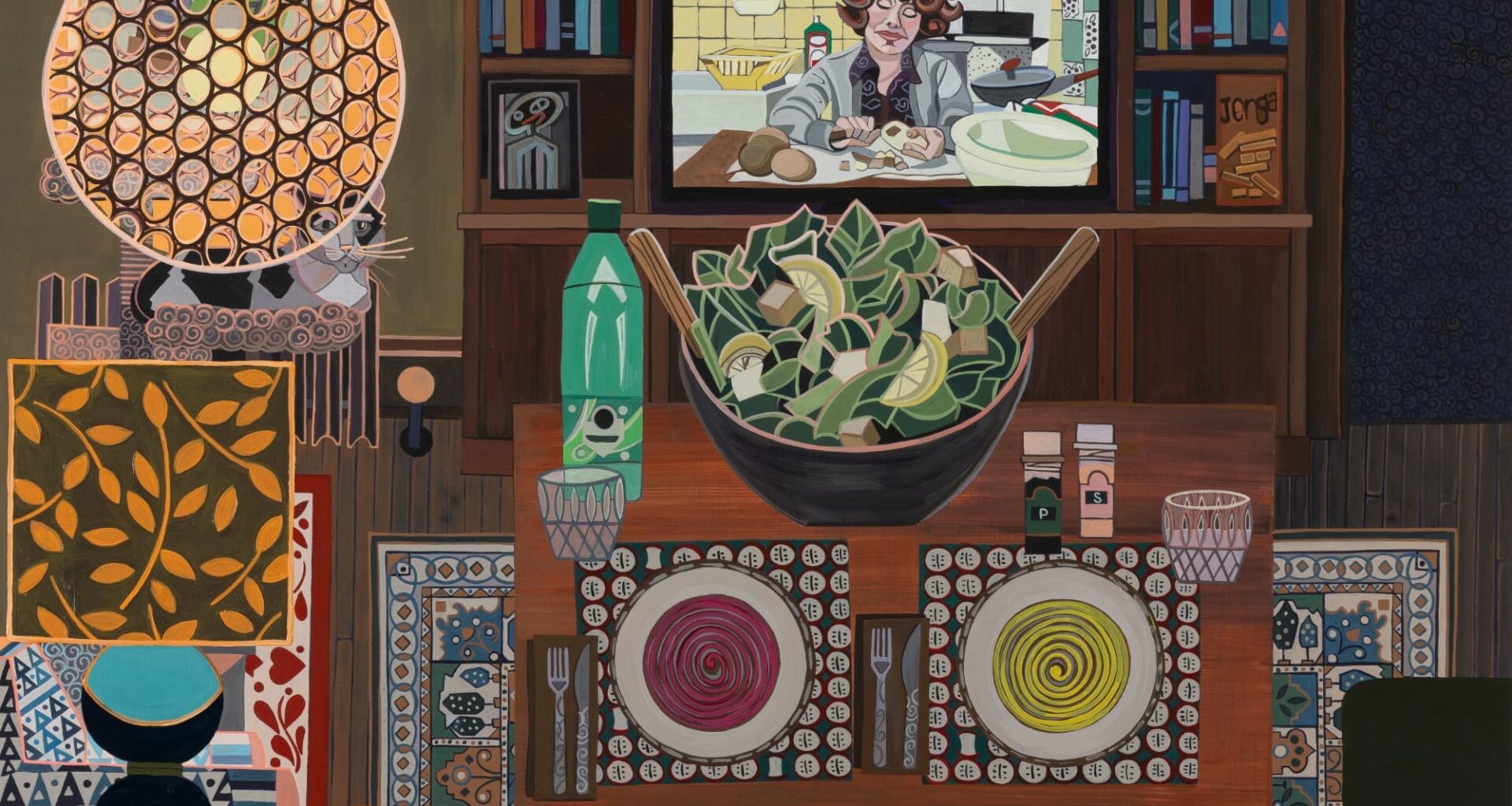 a mixed-media work by Ann Toebbe of a living room scene with a salad and two place settings on a table in front of a green sofa. the film jeanne dielman plays on the tv
