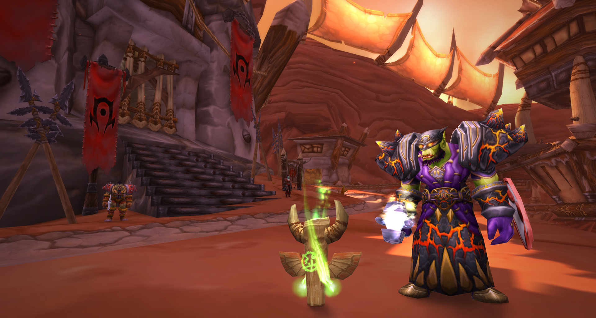 An orc in purple robes stands beside a glowing totem on a street in Orgrimmar