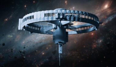Circular space station against a space background.