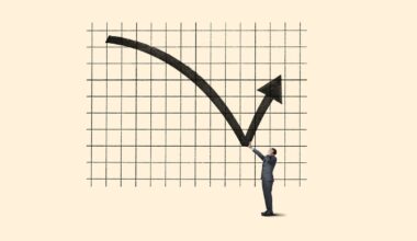 An investor pointing to a downward sloping arrow on a chart, showing the concept of "buy the dip" during a recession.