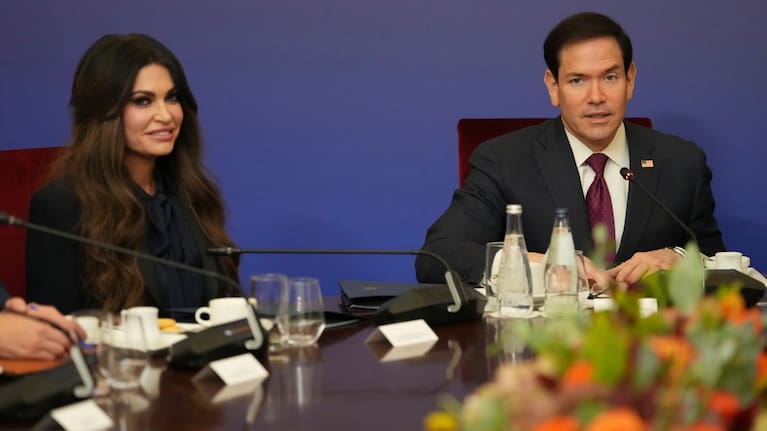 US Secretary of State Marco Rubio, speaks during the opening Session of the US-Greece Strategic Dialogue next to U.S. Ambassador to Greece Kimberly Guilfoyle.