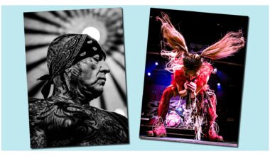 Two pictures by music photographer Afra Gethoeffer Gruetz: Evan Seinfeld from American hardcore band Biohazard, on the left, and Yukina, the singer of the band Hanabie, headbanging during her show.