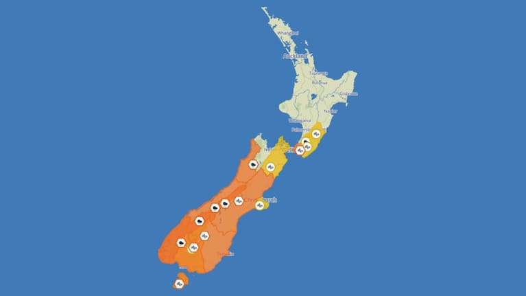 Weather warnings across the South Island. Source: MetService