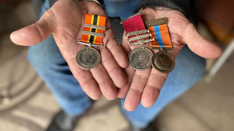 Whananaki North's Brian Meadows' medals for long community service to the local fire brigade which he kicked off with a volunteer rural fire party in 1996.