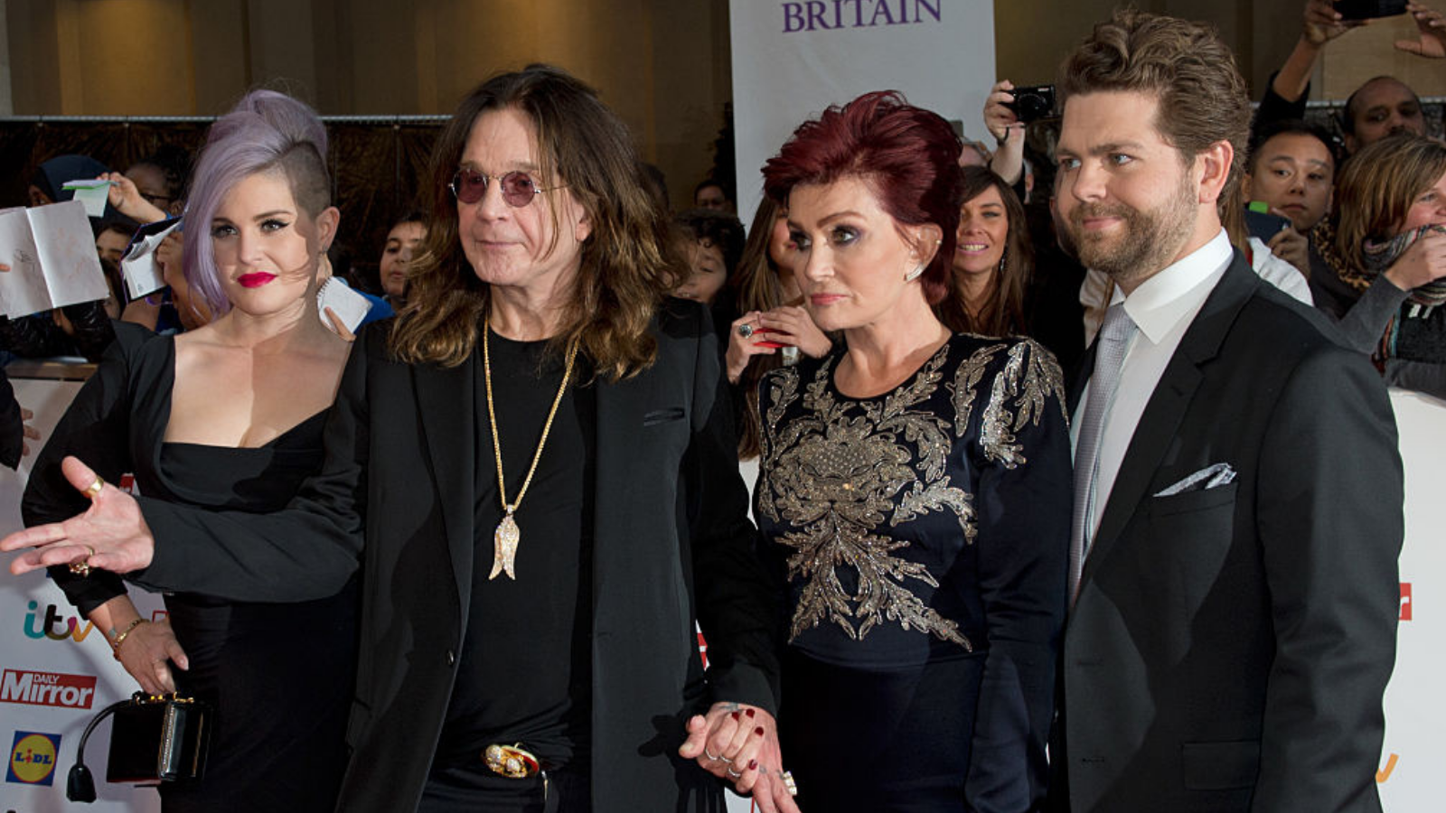 Kelly Osbourne, Ozzy Osbourne, Sharon Osbourne and Jack Osbourne arriving at the 2015 Pride of Britain Awards at the Grosvenor House Hotel in London
