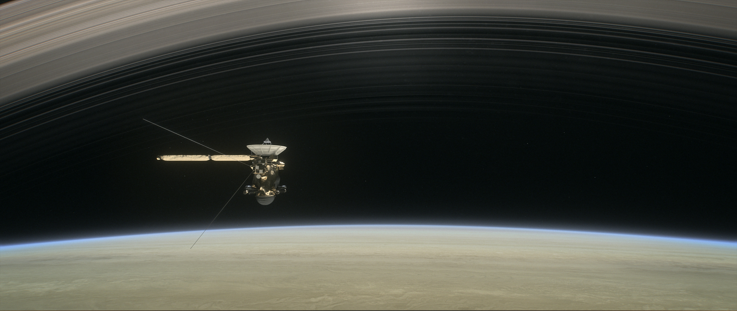 This artist's illustration shows Cassini making one of its final five dives through Saturn's upper atmosphere in August and September 2017.