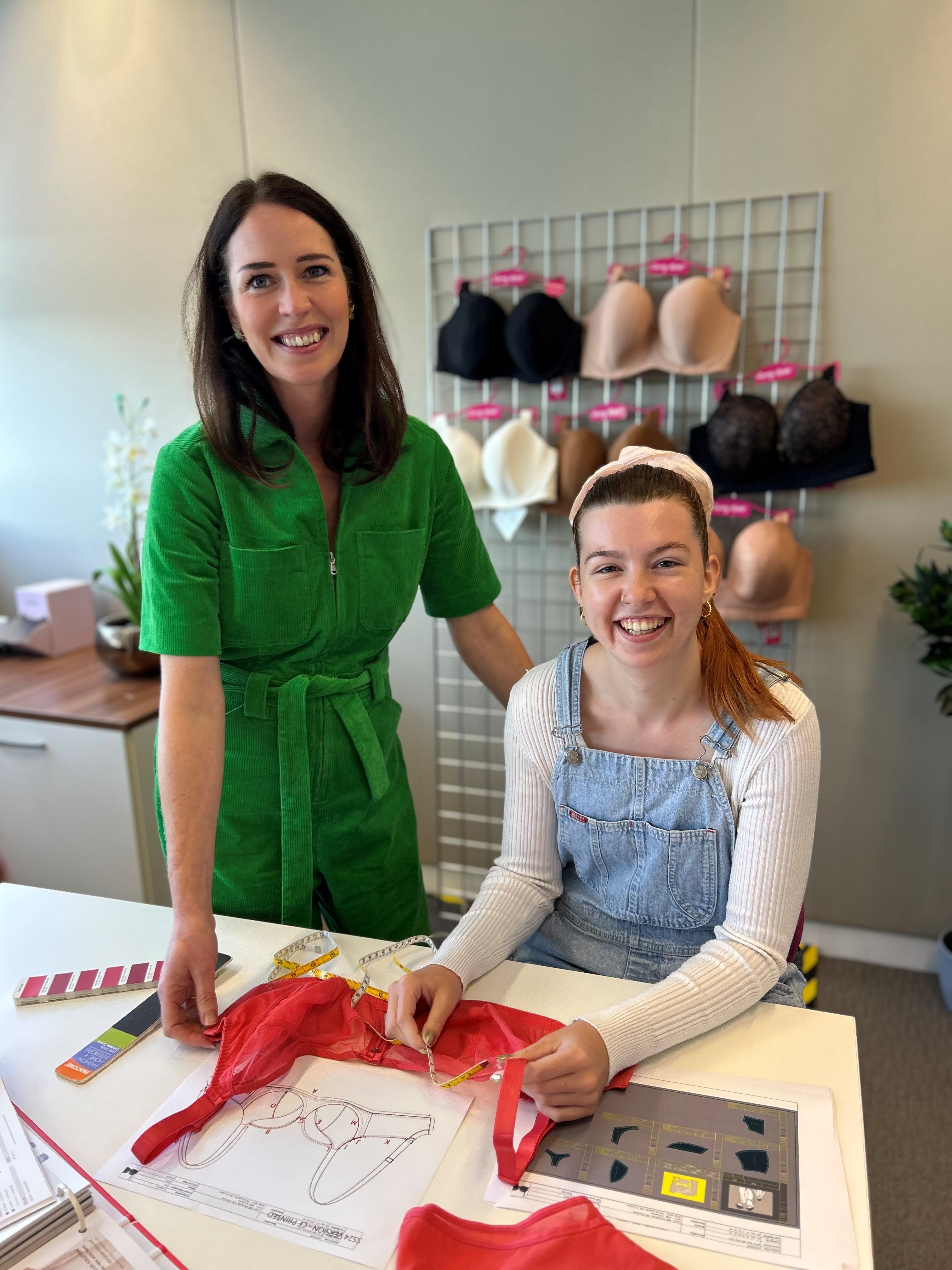 Two women working on bra design.