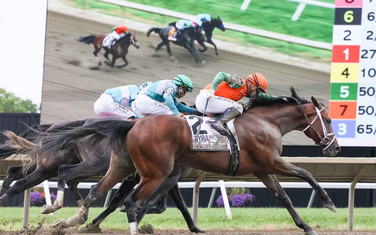 Dramatic finish: Journalism (Umberto Rispoli, near side) just gets up to win the Haskell. Photo: Joe Labozzetta / Equi-Photo