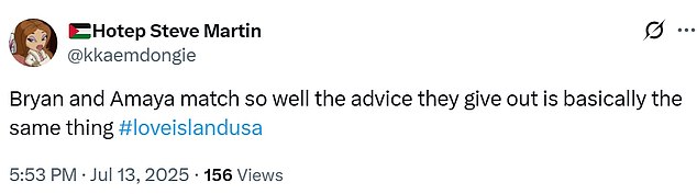 Another fan - @kkaemdongie - thought, 'Bryan and Amaya match so well the advice they give out is basically the same thing #loveislandusa.'