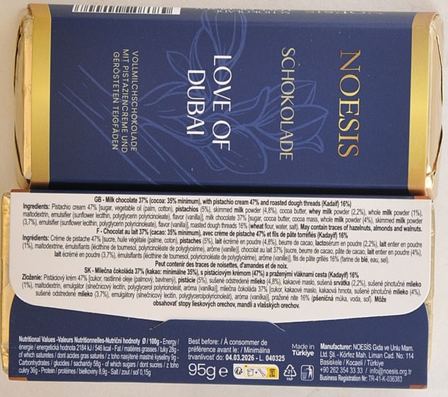 The Neosis Schokolade Love of Dubai bar, a foil-wrapped sweet sold in independent shops and online, contains undeclared peanuts, according to food safety officials