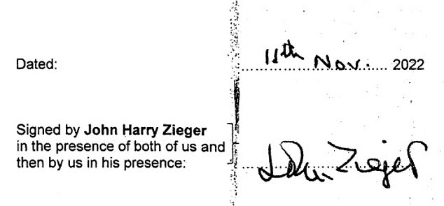 Pictured: Zeiger's signature on his own will