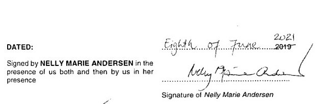 Pictured: Andersen's signature on her own will