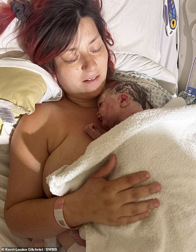 Kerri-Louise Gilchrist gave birth to her daughter Layla (both pictured), now 11 months, on August 3 last year. The 33-year-old was induced after her boyfriend, Hugh Marshall, 35, noticed her cold temperature and blue lips while kissing her