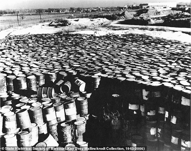 The radioactive waste from the plant was kept for years in barrels next to Coldwater Creek. Barrels full of waste were piled on top of one another