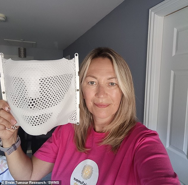 April is pictured here with her radiotherapy mask
