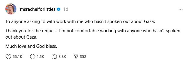 The statement came just one day after Rachel vowed not to work with anybody that has stayed silent on the Gaza situation