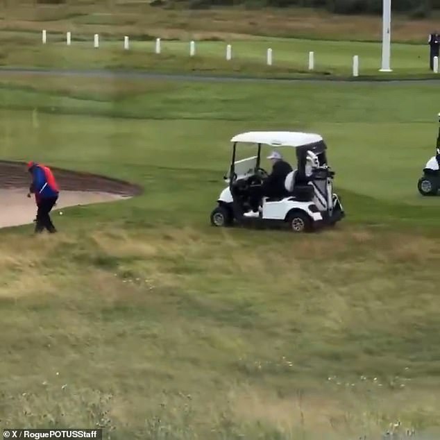 Trump's golf caddy appears to surreptitiously drop the ball in a prize spot before the president takes a shot