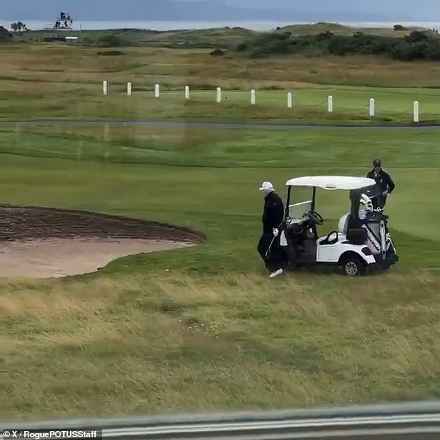 The president then gets out of the vehicle and approaches it, appearing to pretend it's the shot he made