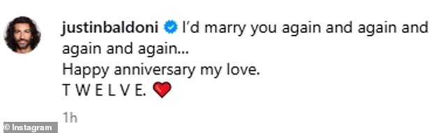 Alongside a snap of the couple on their 2013 wedding day he wrote: 'I¿d marry you again and again and again and again¿ Happy anniversary my love. T W E L V E'