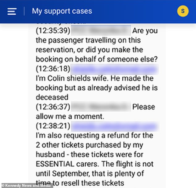 When Colin tragically passed away due to brain bleed in April 2025, Yvonne contacted Ryanair customer support to notify them and request a refund