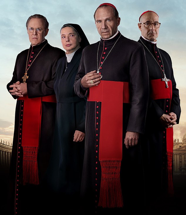 She is pictured in her Oscar-nominated role as the hardboiled Vatican fixer Sister Agnes in last year's Conclave with (from left) John Lithgow, Ralph Fiennes and Stanley Tucci