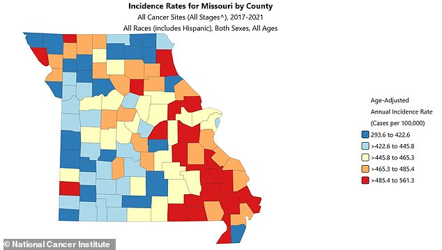 The above map shows the cancer rate per 100,000 residents in each Missouri county between 2017 and 2021. The rate in St Louis County is 458 per 100,000 people in that four-year period