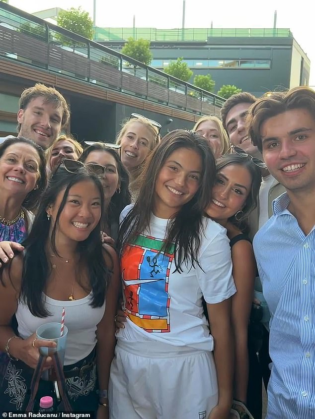 Raducanu was supported by a raft of old friends at Wimbledon (BACK ROW LEFT TO RIGHT: Benjamin Heynold's mother, Michael Churich, Chelsea Annalls, Nicole Petchey, Myah Petchey, Ryan Cohen FRONT ROW: Tessa Teo, Raducanu's friend Shauna, Raducanu, Carla Wilfert, and Heynold)